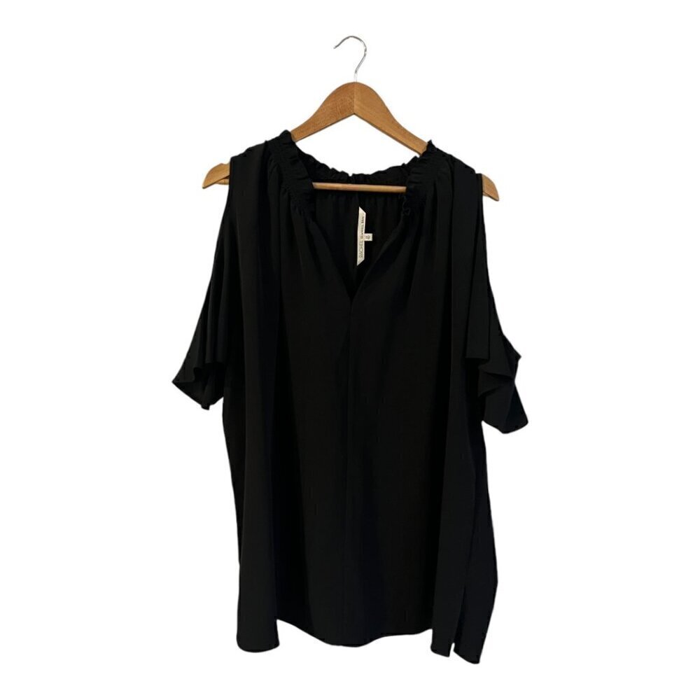 Rachel Rachel Roy Cold Shoulder Top Black Plus Size 2X Smocked V Neckline